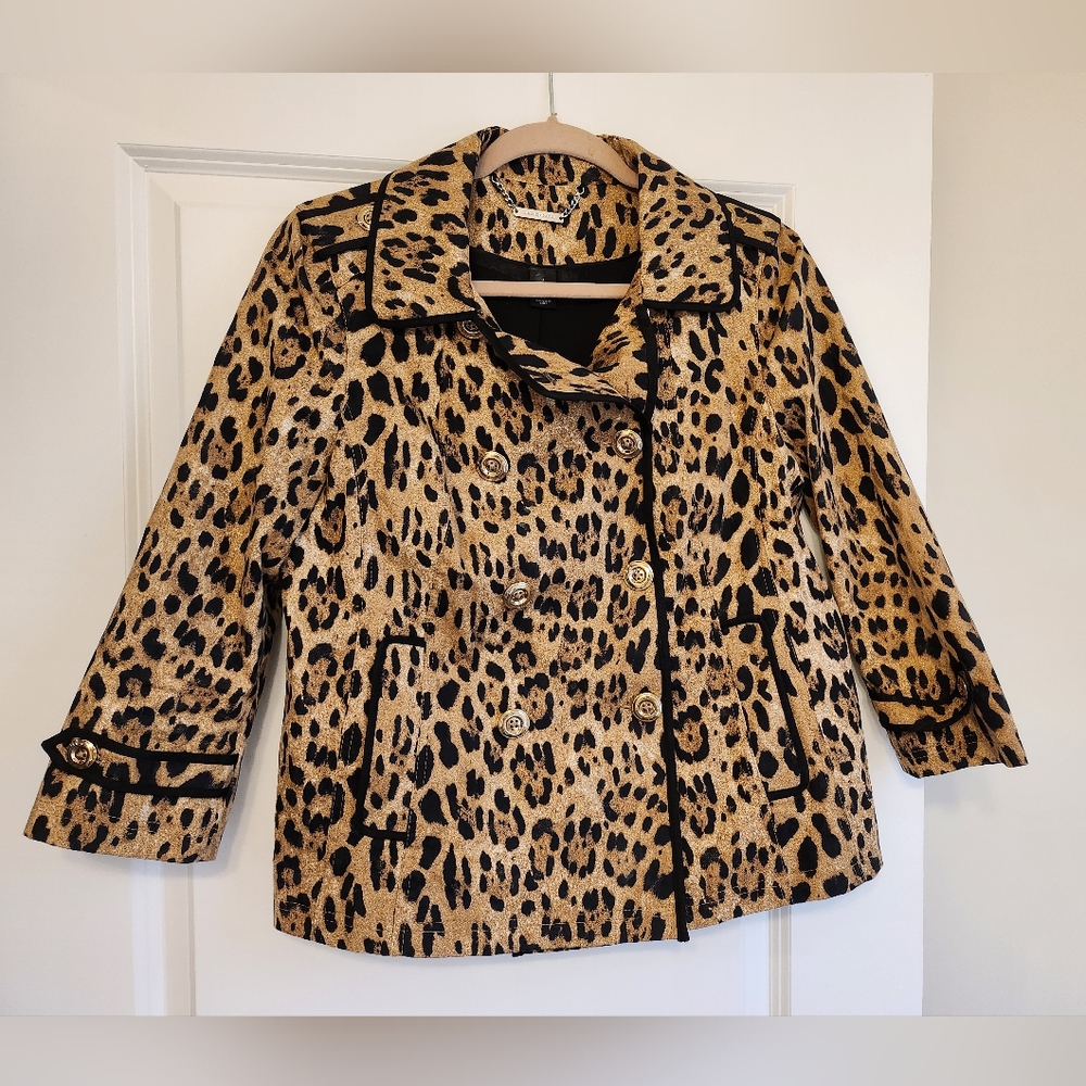 ECU White House Black Market Leopard Print Swing Jacket Rain Coat Size Medium